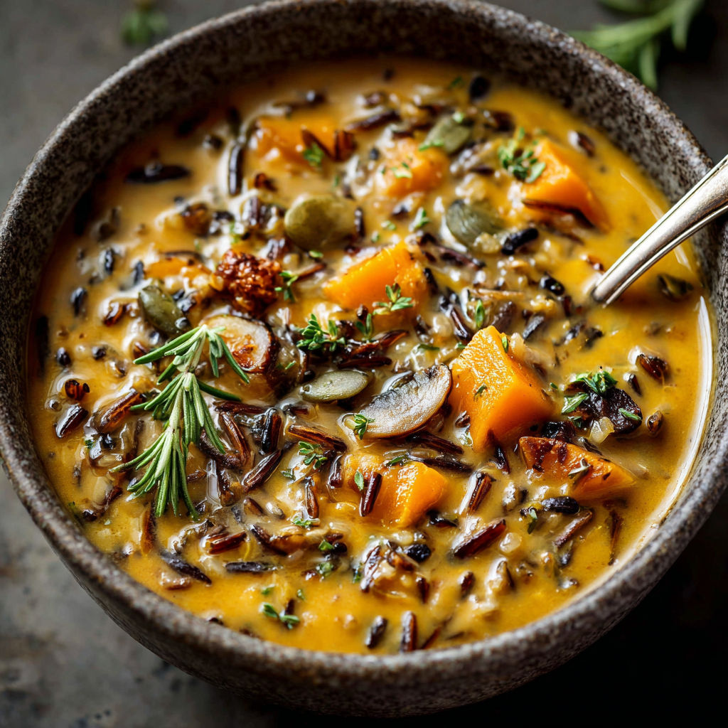 A bowl of soup with a spoon in it.