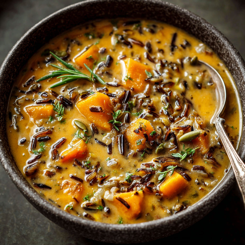 A bowl of soup with a spoon in it.