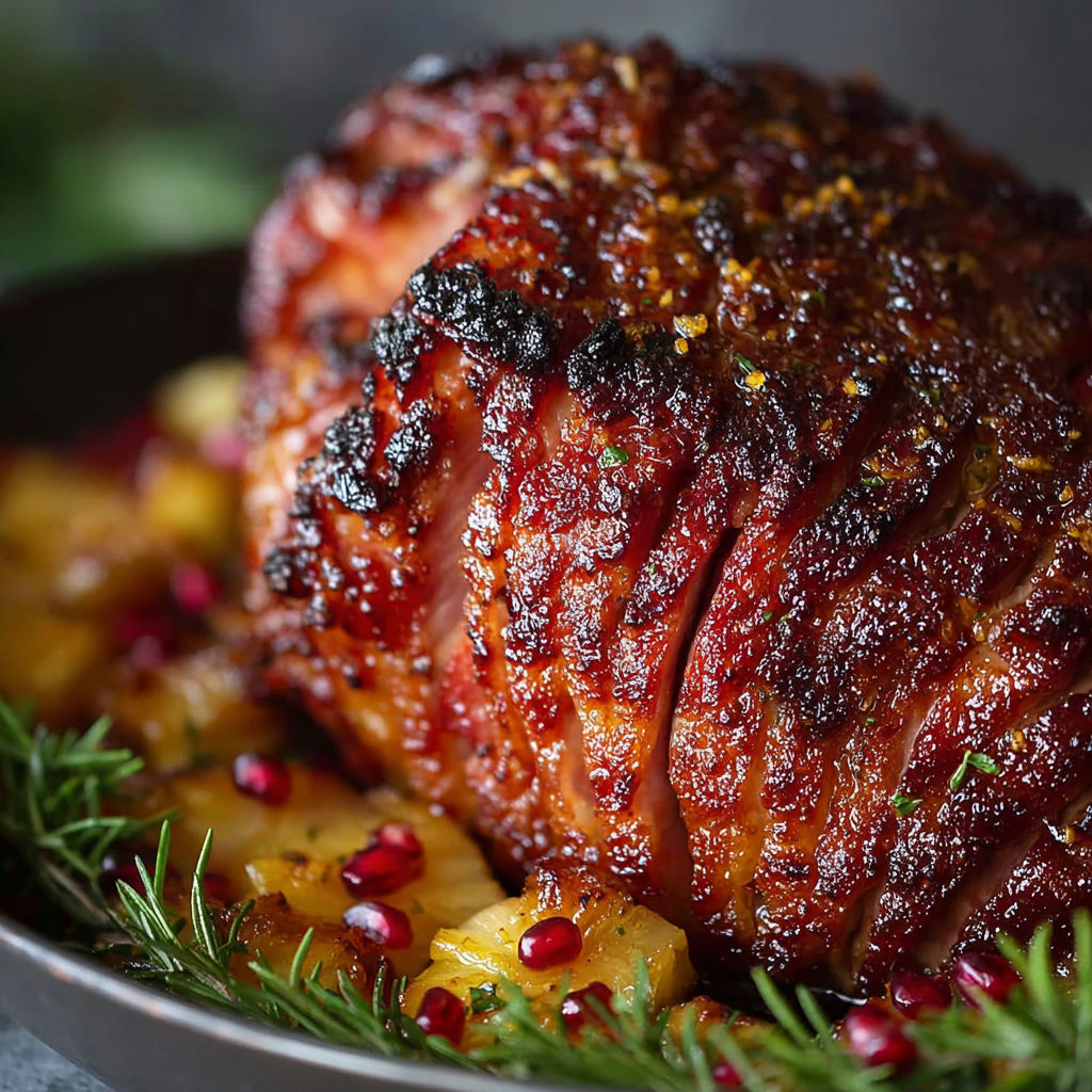 A glazed ham with pineapple and jerk seasoning.