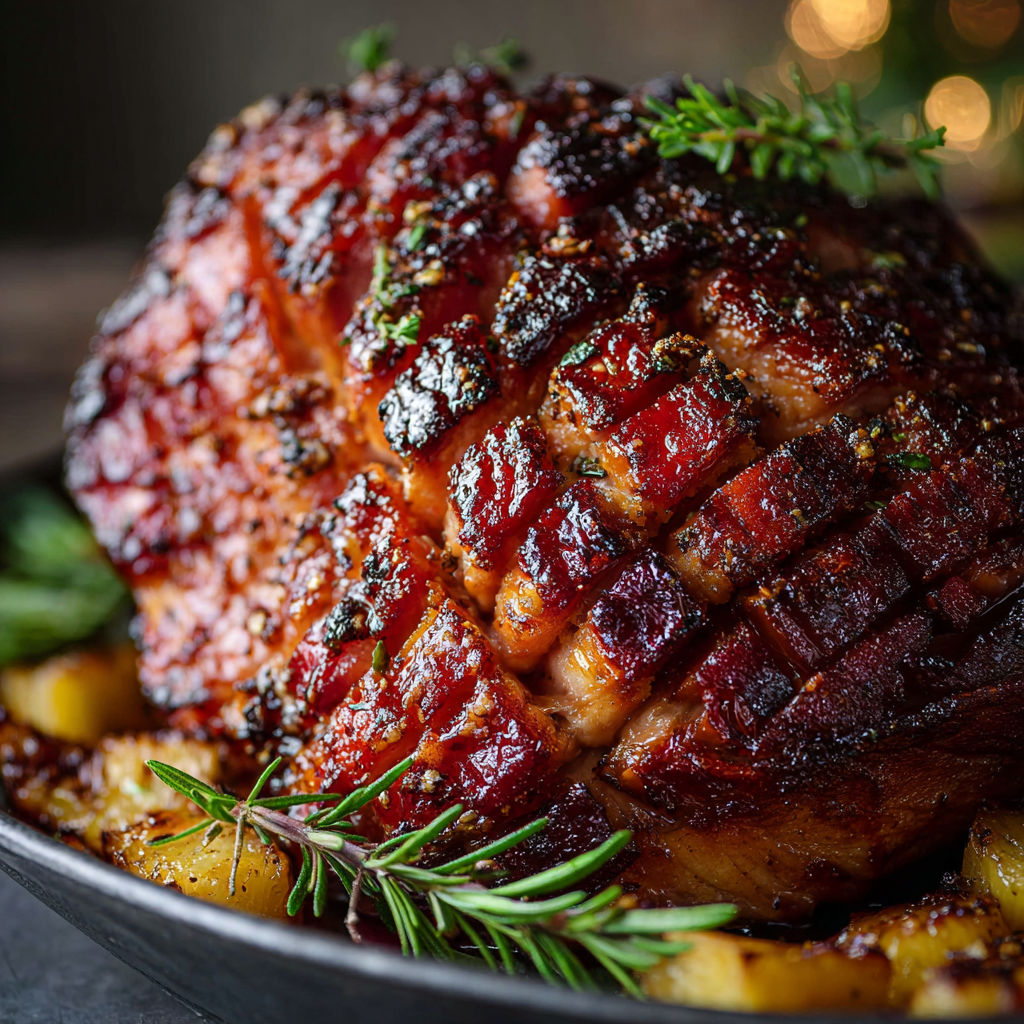 A large piece of meat with a sprig of rosemary on top.