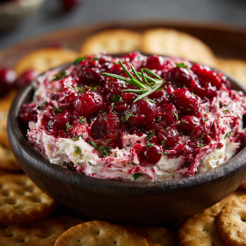 A bowl of red berry dip with crackers.