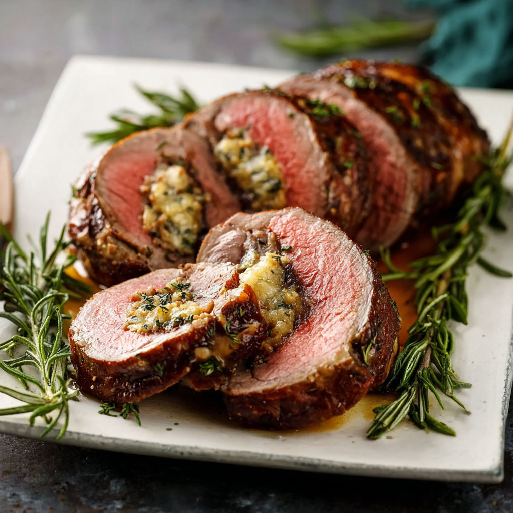 A plate of meat with blue cheese on it.