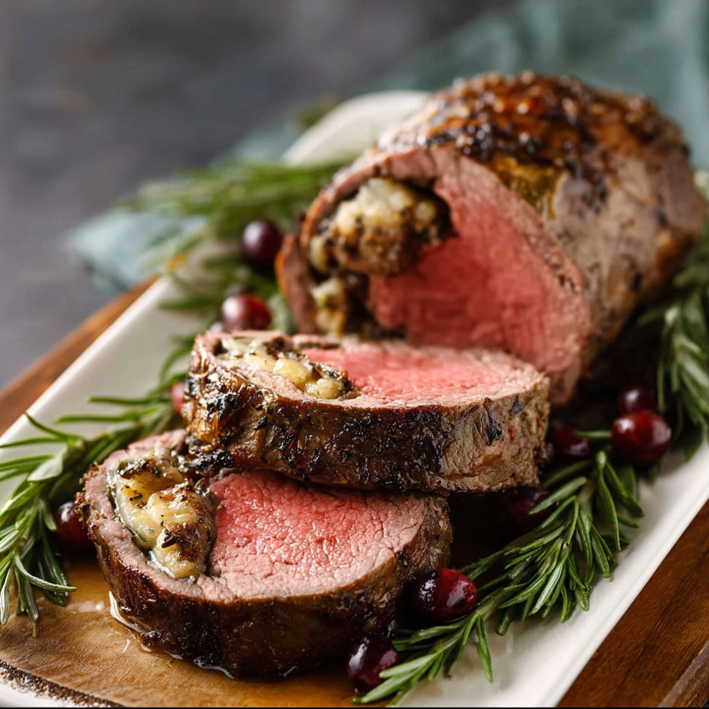 A plate of meat with a green garnish.