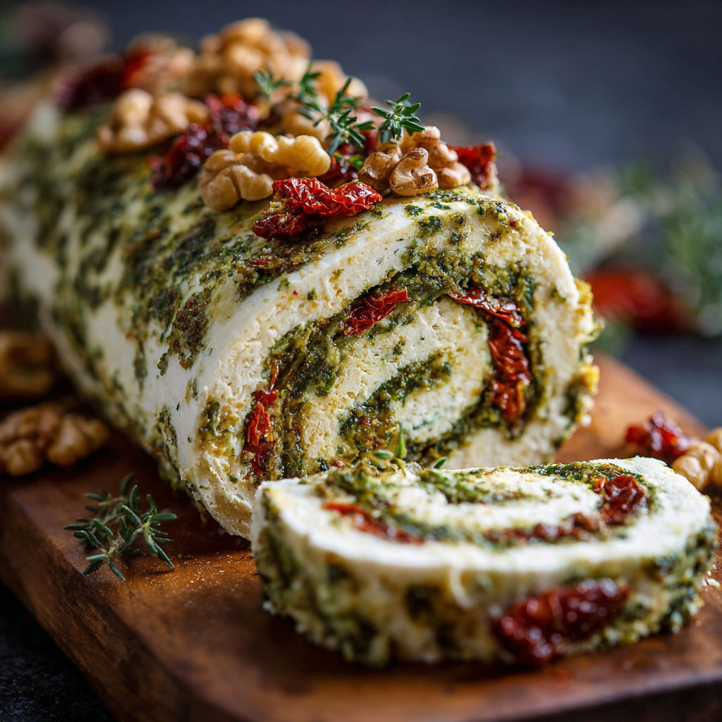 A roll of food with a nut on top.