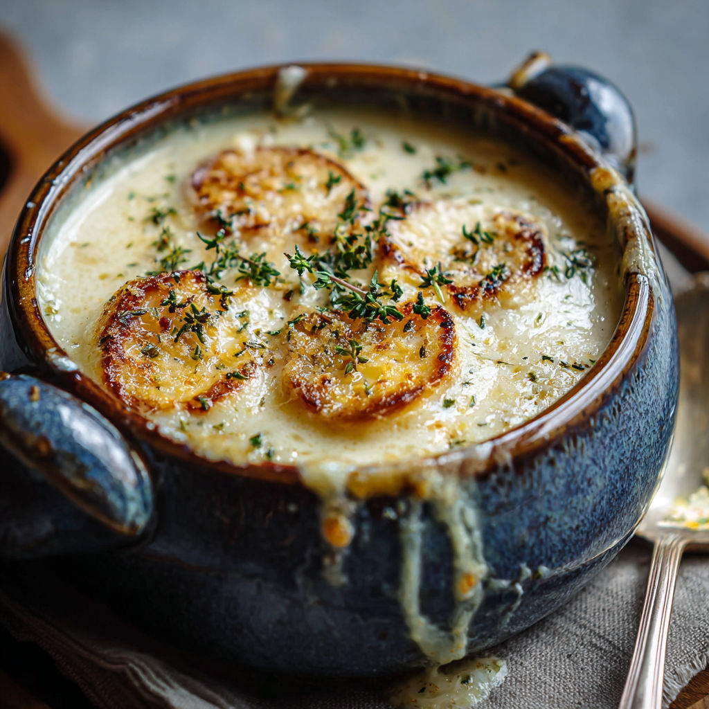 A bowl of soup with garlic and potatoes.