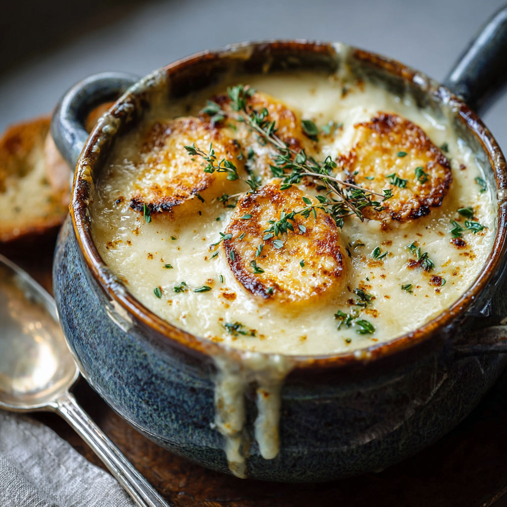 A bowl of soup with garlic and bread.