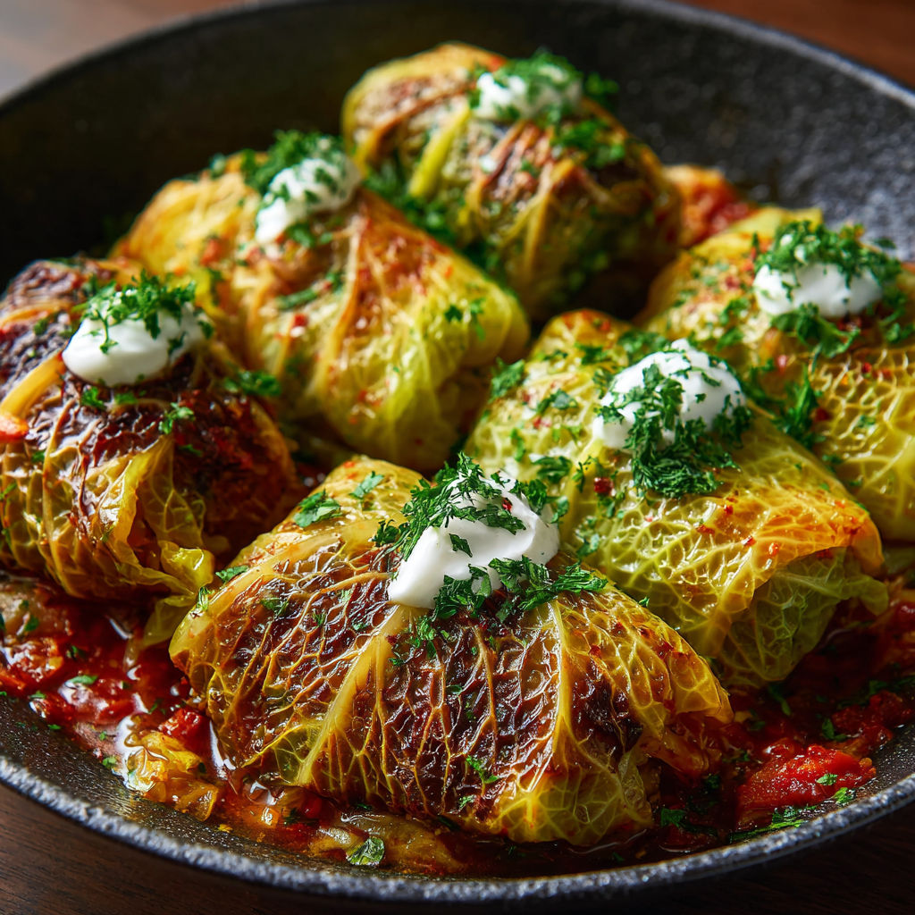 A plate of stuffed cabbage rolls.
