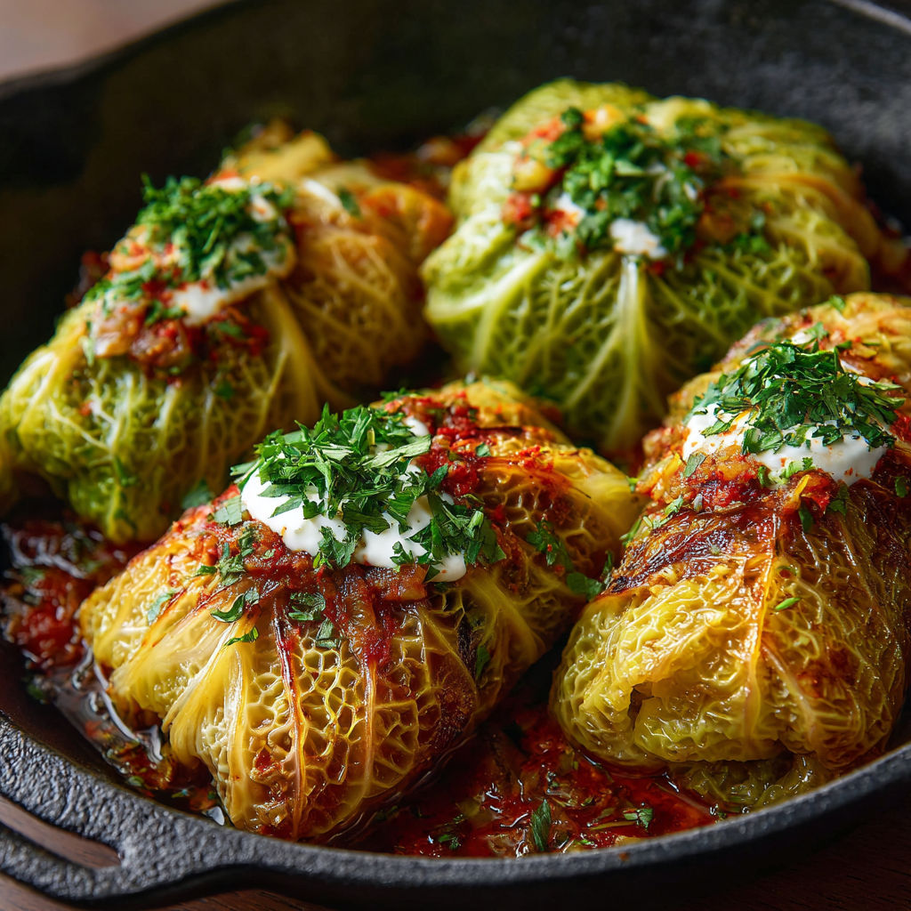 A pan of food with a green vegetable.