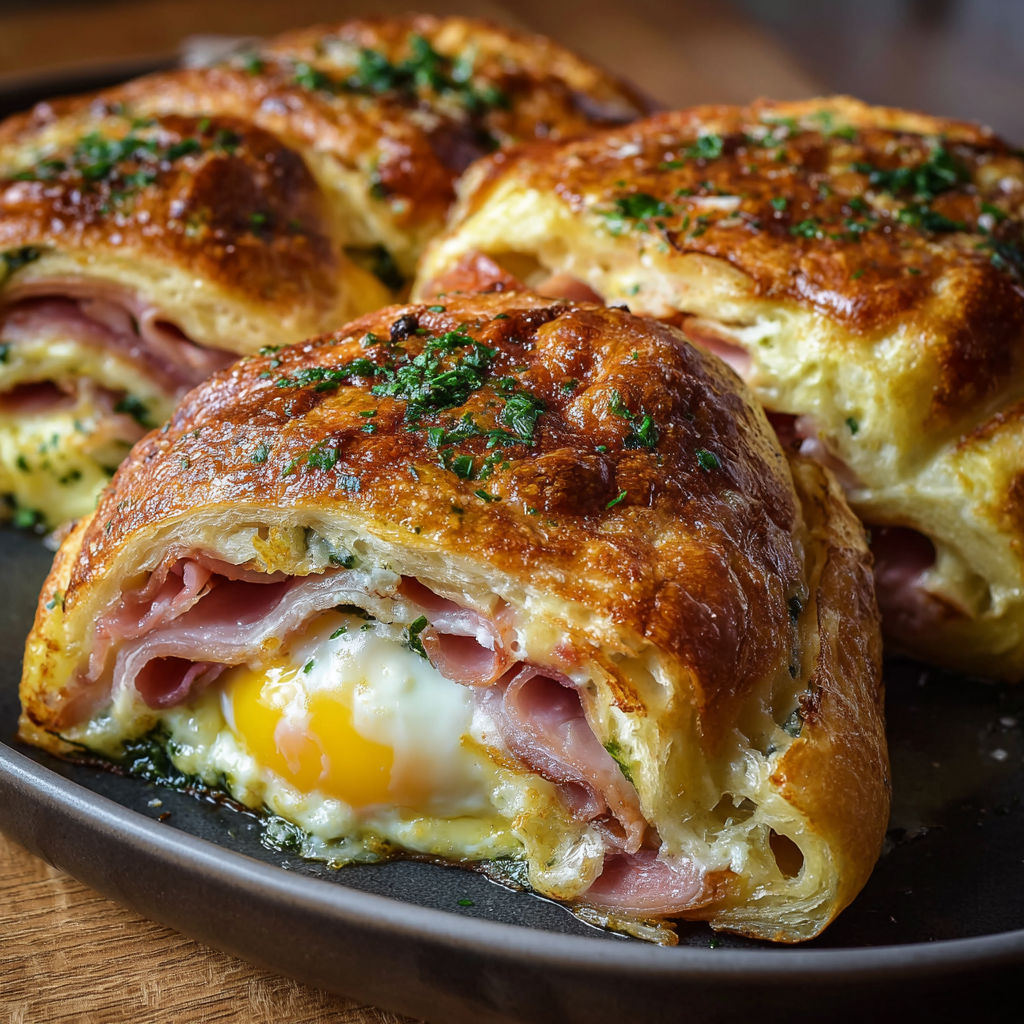 A plate of food with eggs and ham.