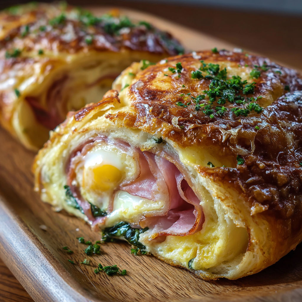 A pastry with meat and cheese on a wooden board.