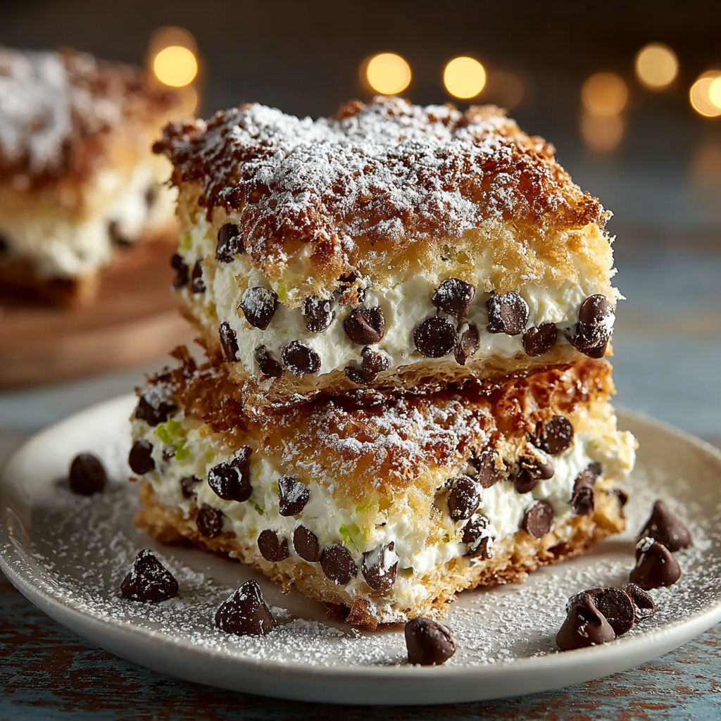 Classic Cannoli Squares with white powdered sugar and chocolate chips.