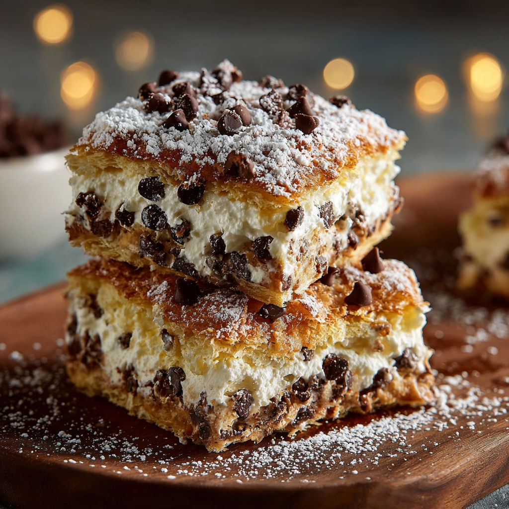 A stack of three desserts with chocolate and white toppings.