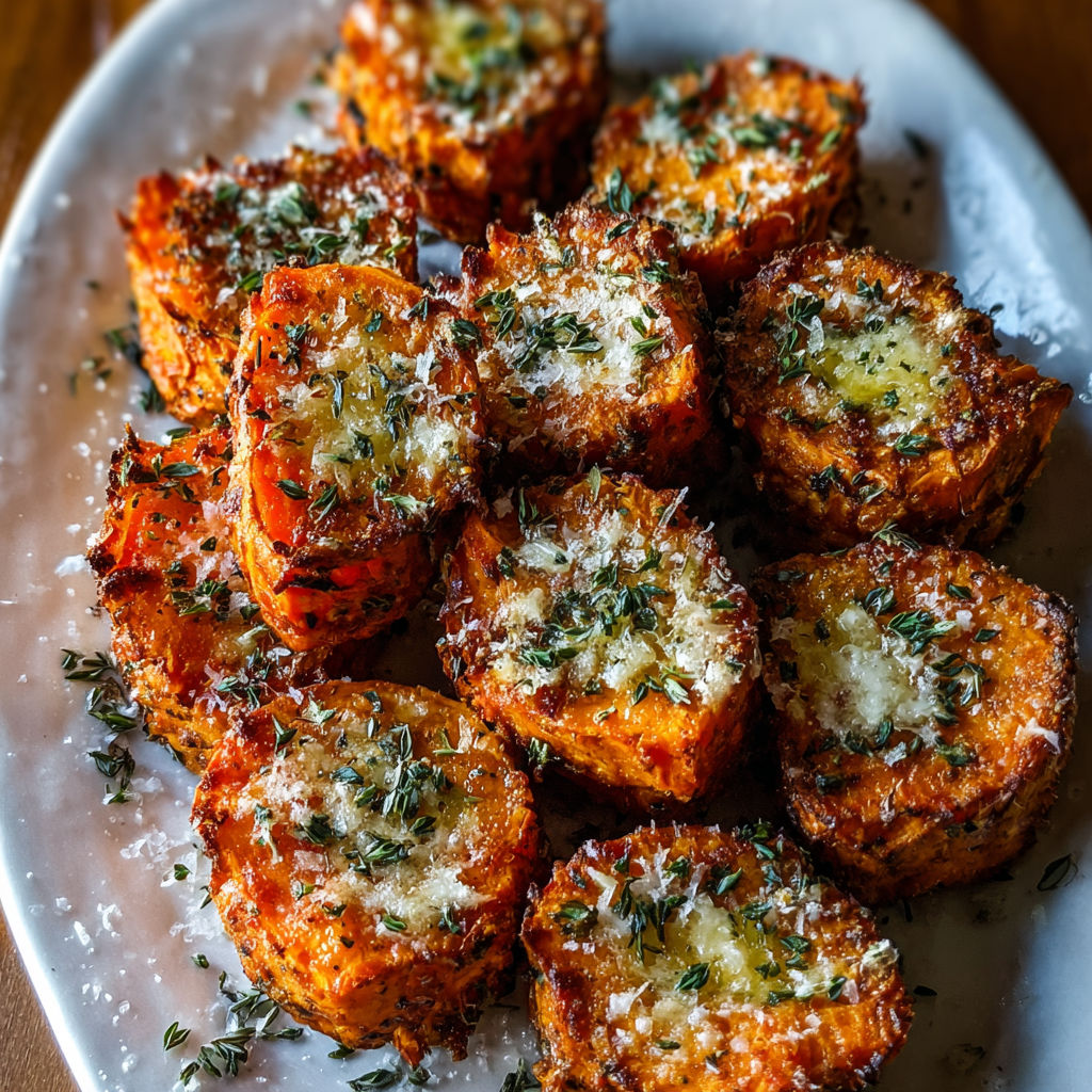 A plate of baked sweet potatoes with Parmesan cheese and herbs.