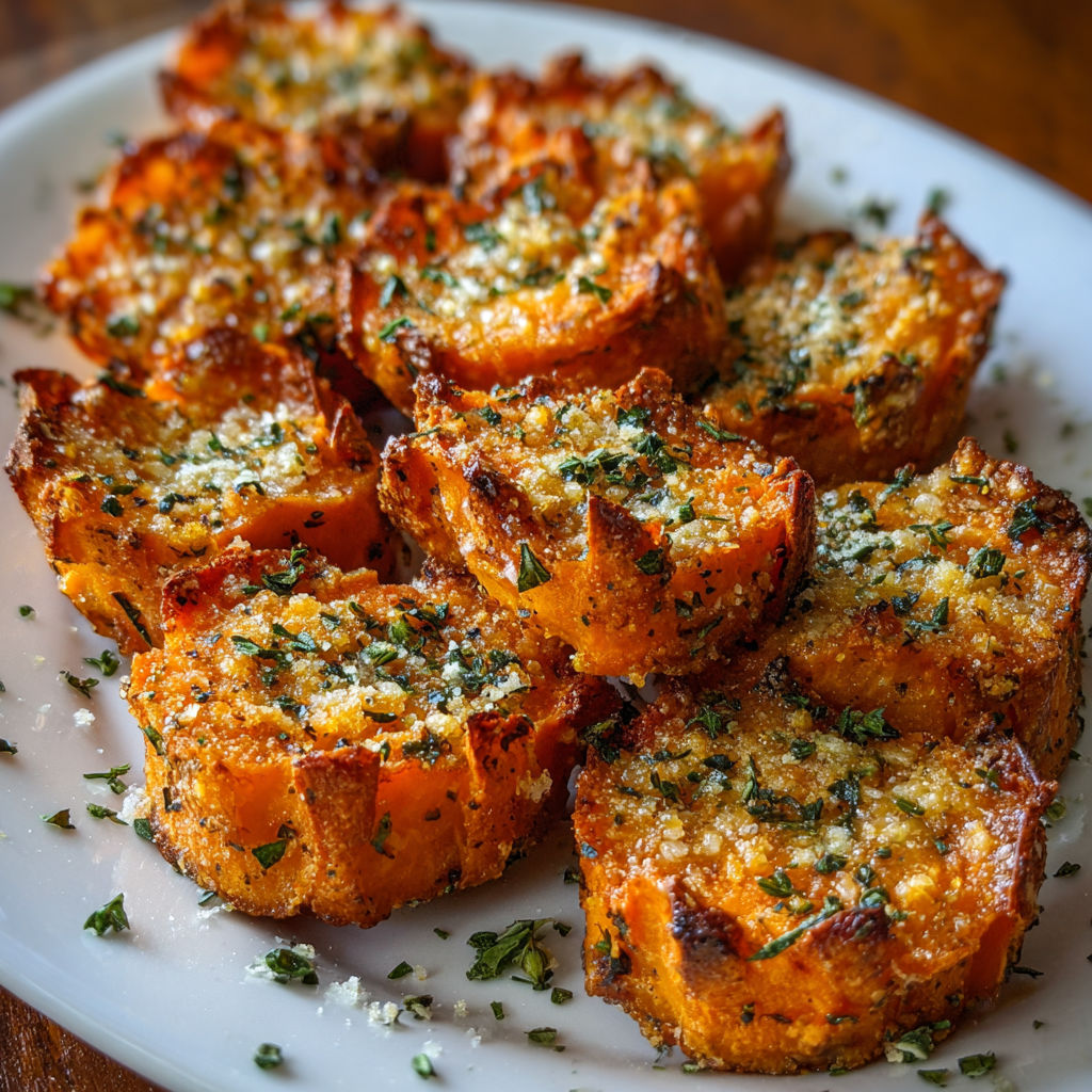 A plate of baked sweet potato bites with Parmesan herb and butter.