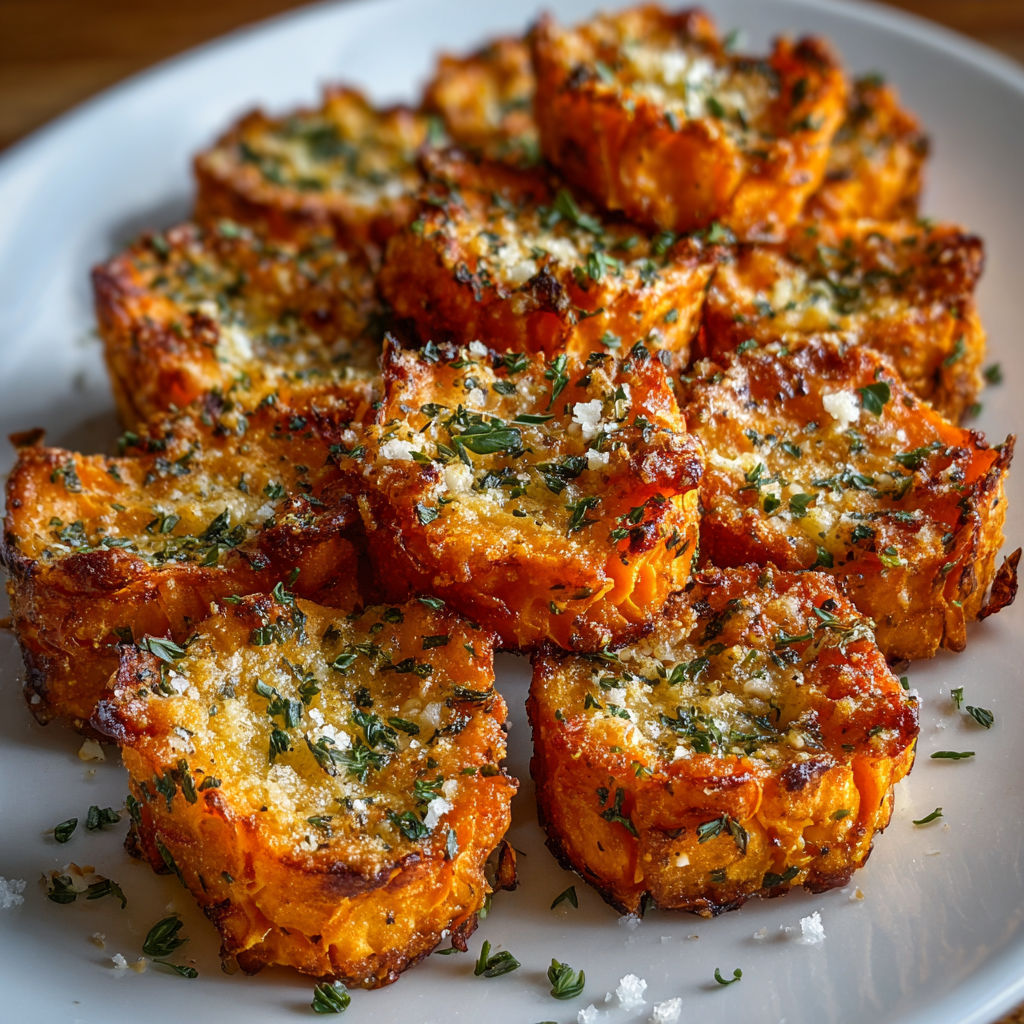 A plate of baked sweet potato bites with Parmesan herb butter.