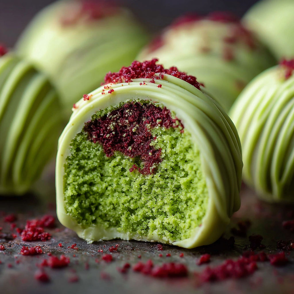 A green and white cake with red sprinkles.