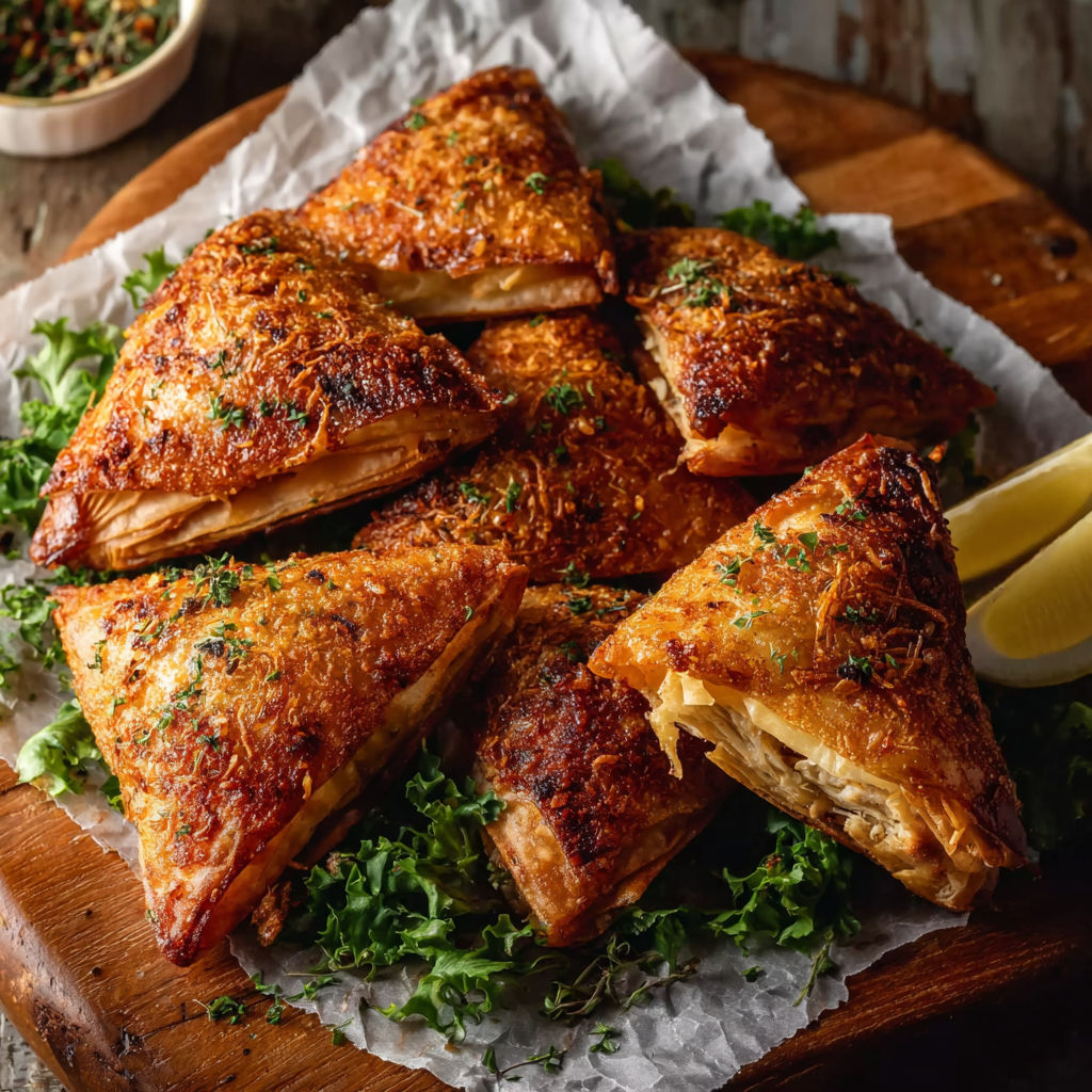 A plate of Moroccan Spiced Chicken Briouats.