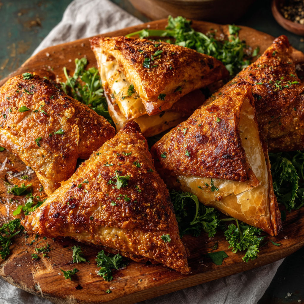 A wooden cutting board with four pieces of food.