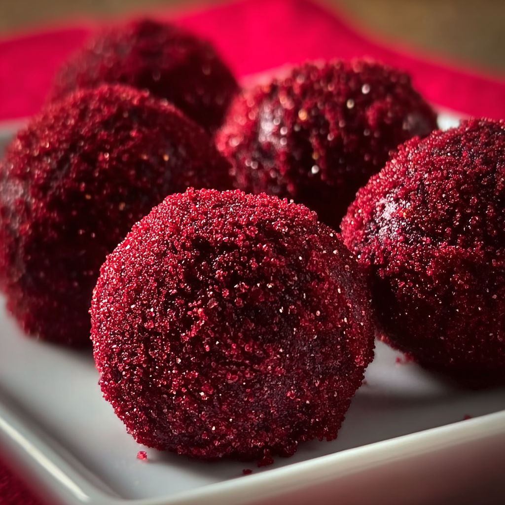 Red velvet truffles on a plate.