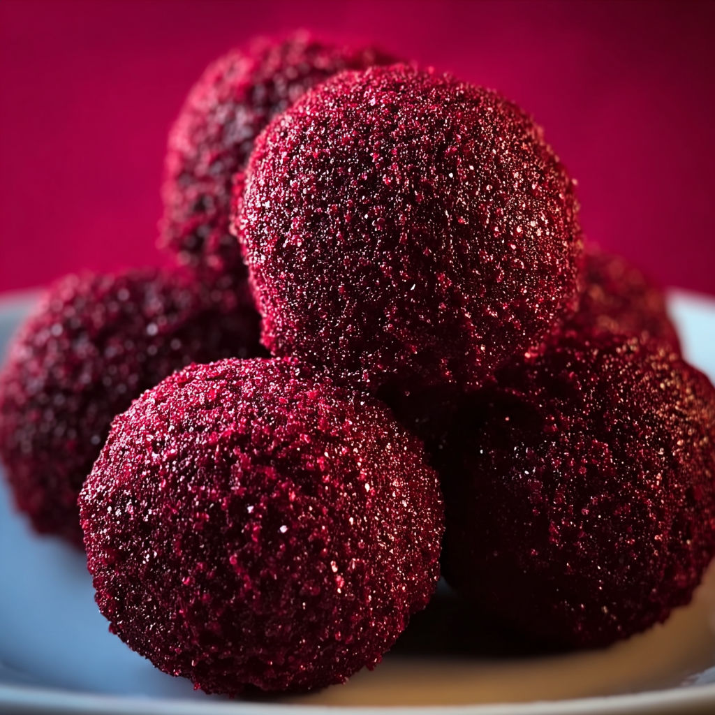 Red velvet truffles on a plate.
