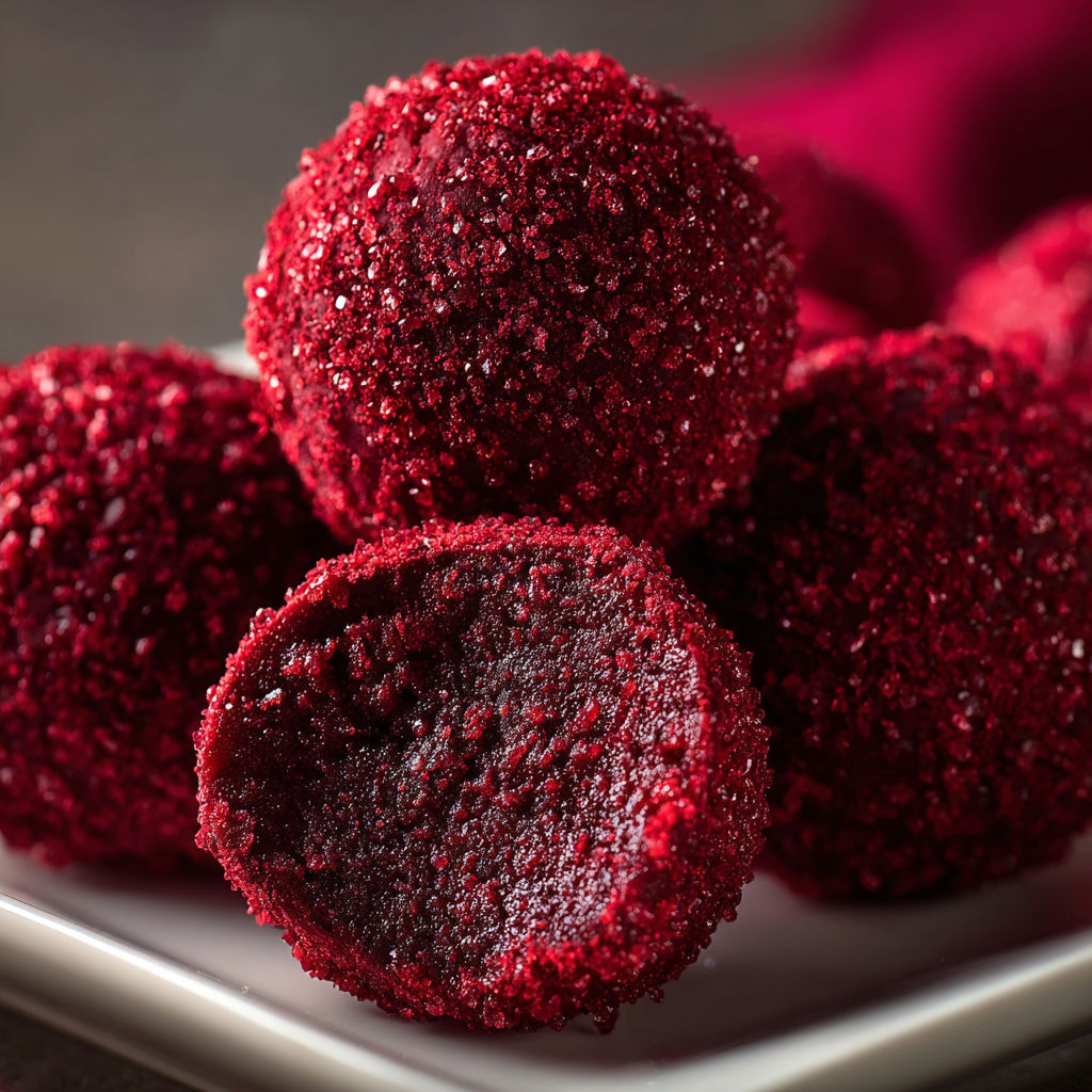 Red velvet truffles on a plate.