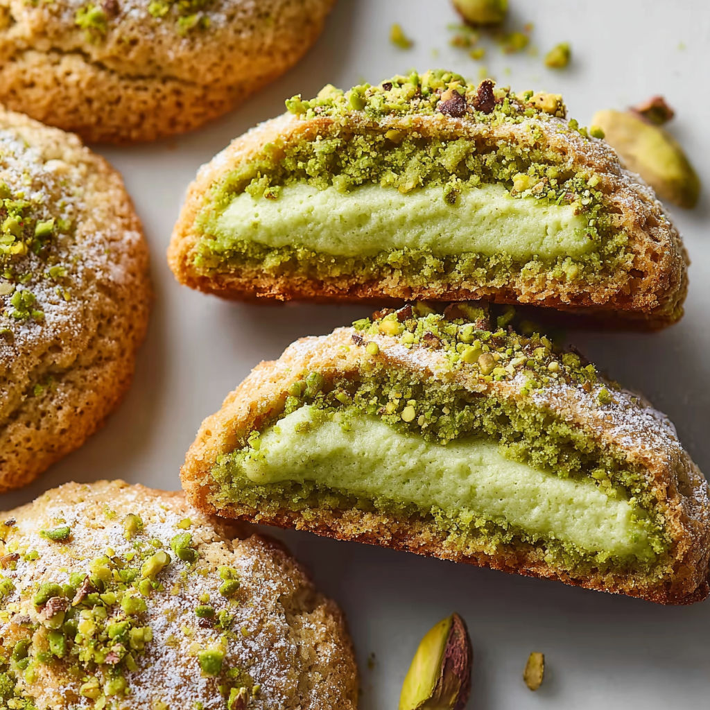 A close up of a pistachio cream cookie.