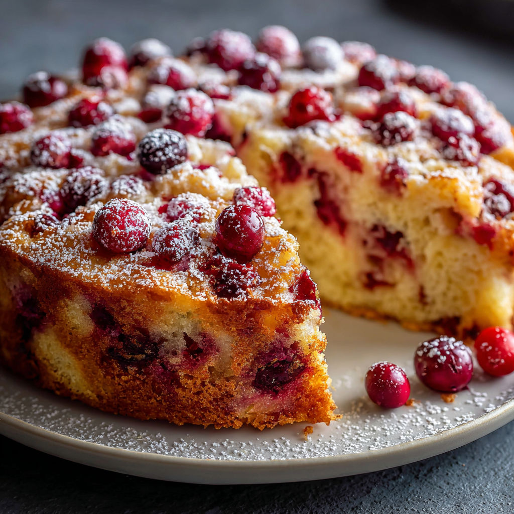 A slice of cranberry orange breakfast cake.