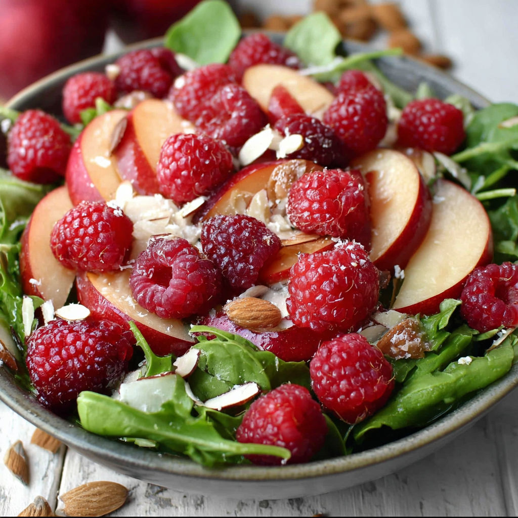 A bowl of fruit salad with raspberries, apples, and almonds.