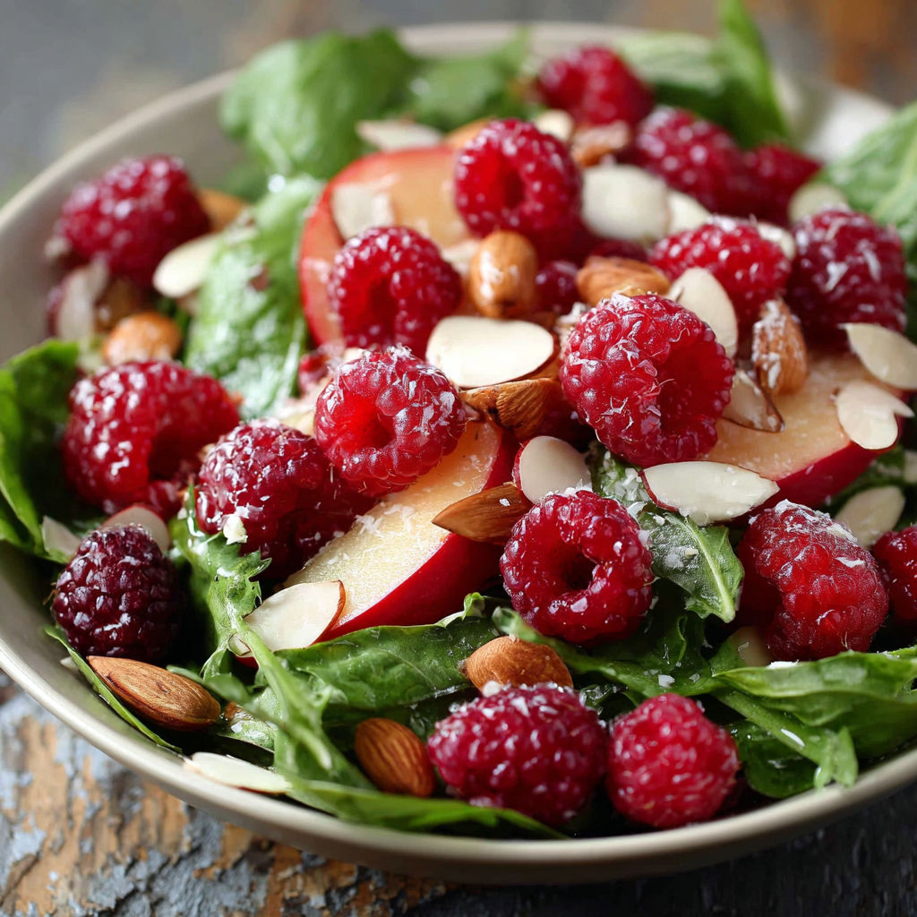A bowl of raspberries with almonds and spinach.
