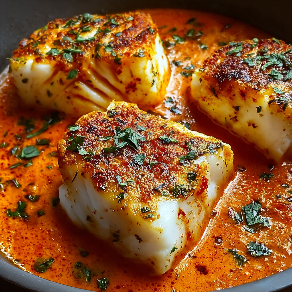 A delicious cod in roasted red pepper sauce.
