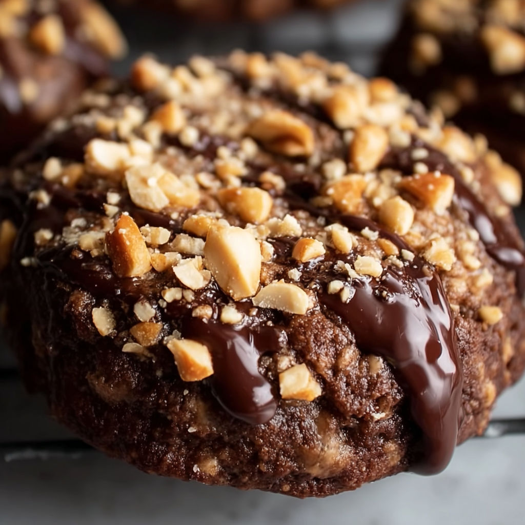 A chocolate hazelnut crunch cookie with a drizzle of chocolate.