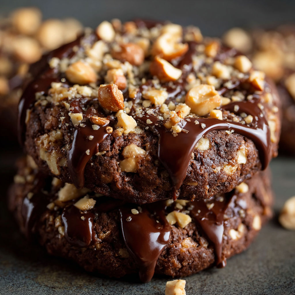 Chocolate chip cookie with nuts and chocolate drizzle.