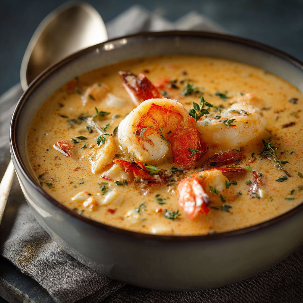 A bowl of soup with shrimp and herbs.