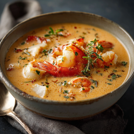 A bowl of soup with shrimp and herbs.