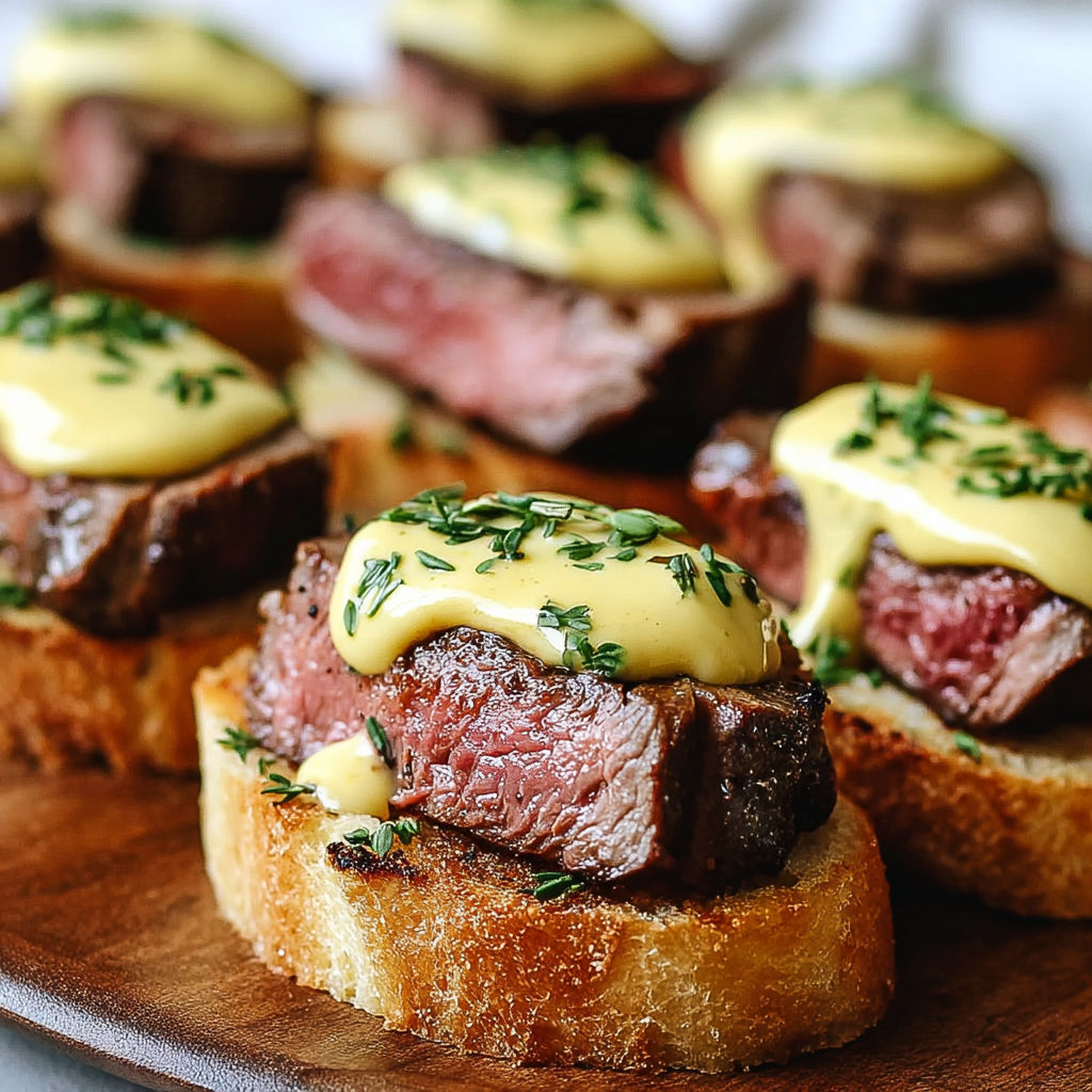 A plate of grilled beef tenderloin crostini with béarnaise.
