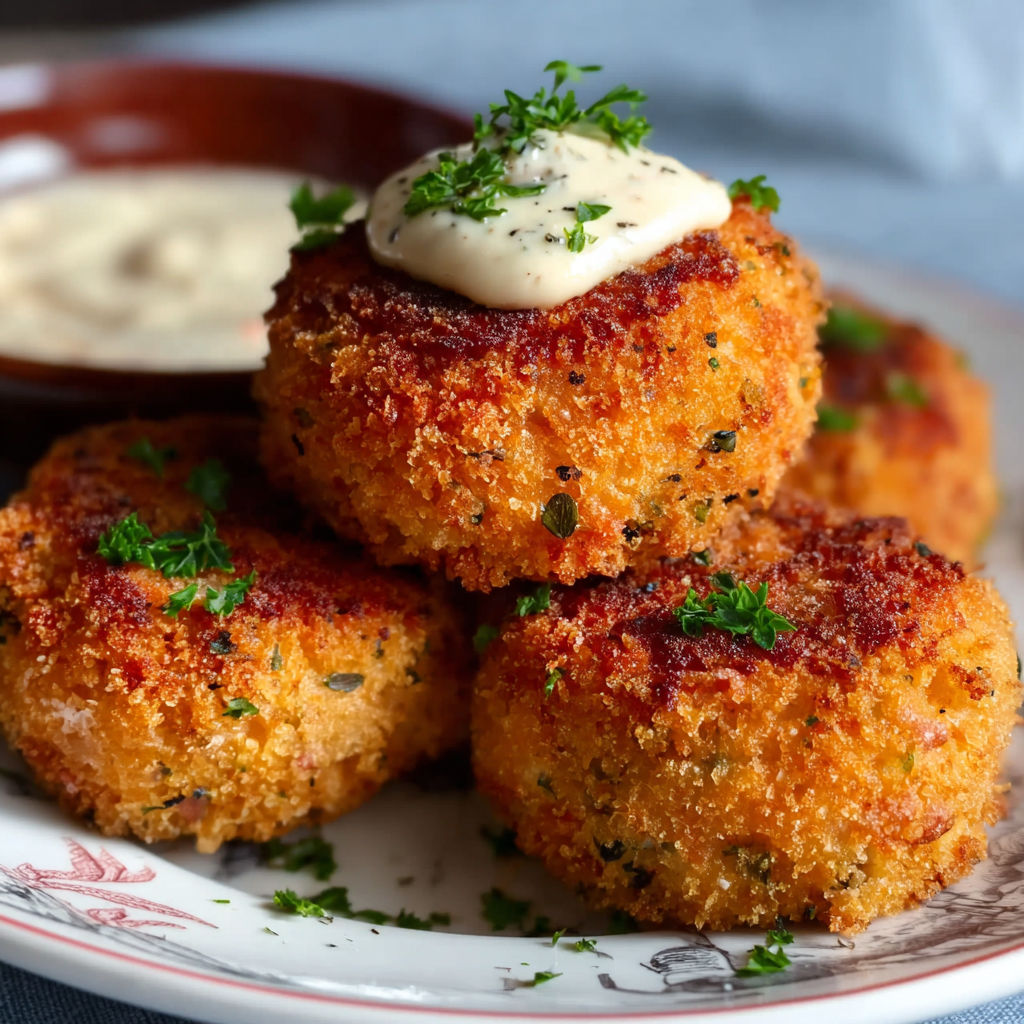 A plate of salmon croquettes with a white sauce on top.
