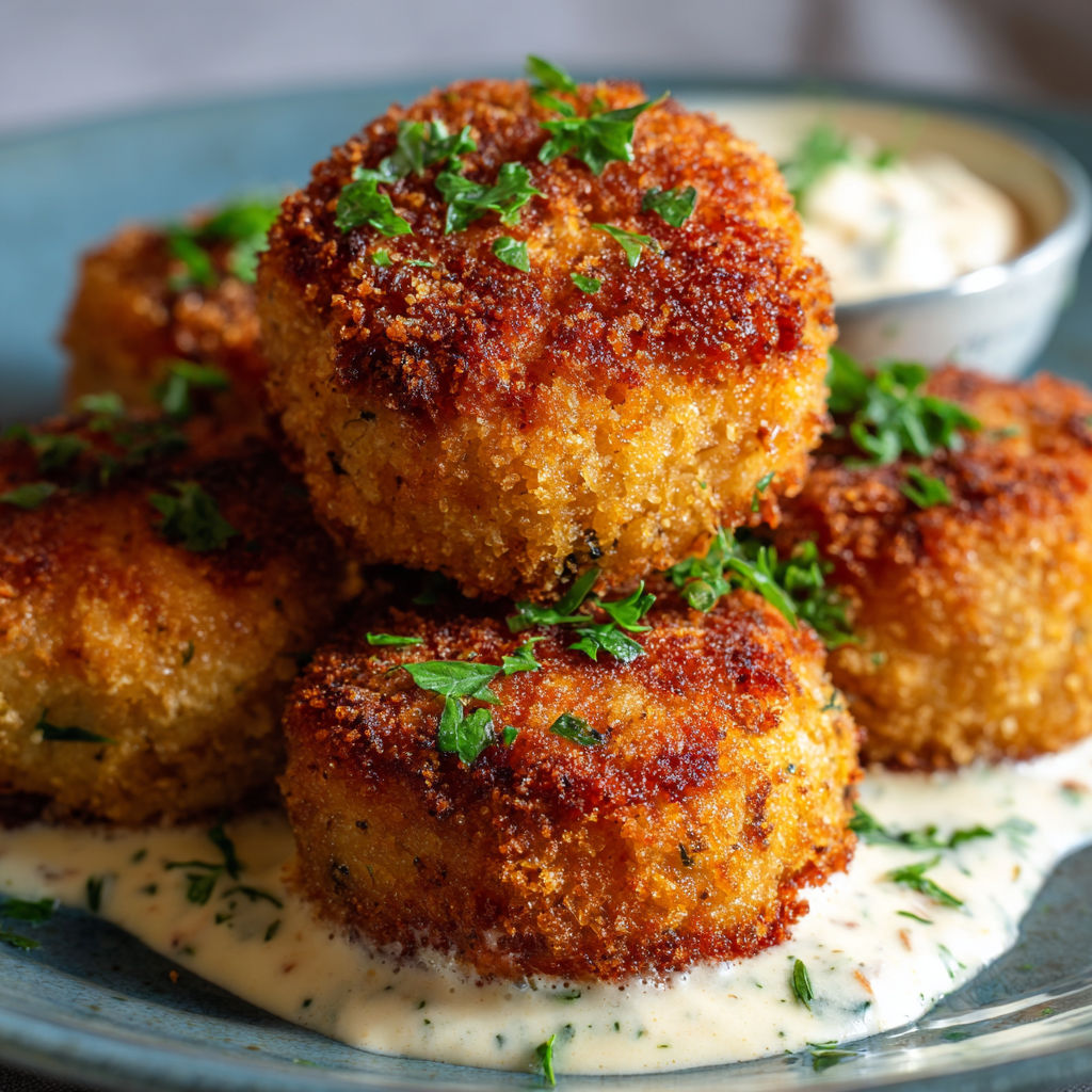 A plate of food with a white sauce on it.