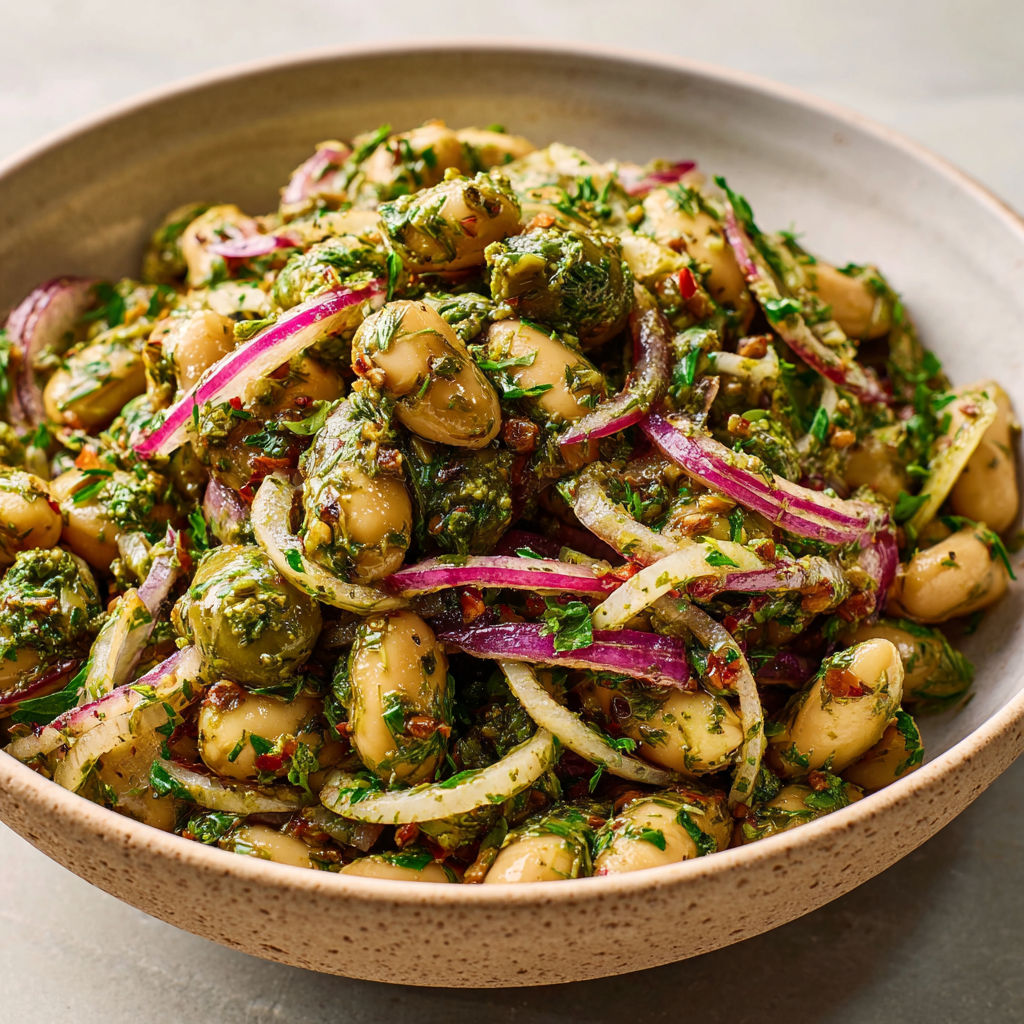 A bowl of food with onions and beans.