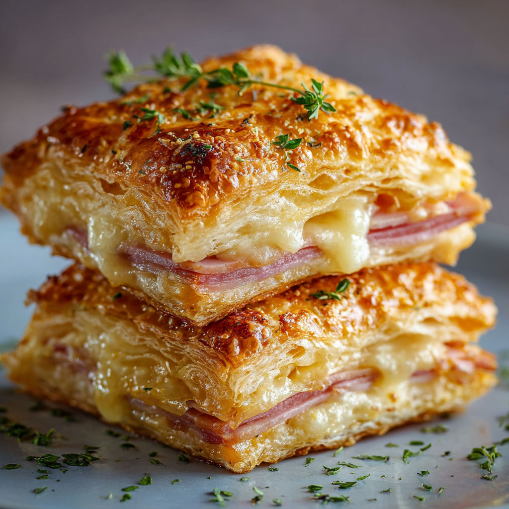 Three stacks of crispy ham and cheese puff pastry.