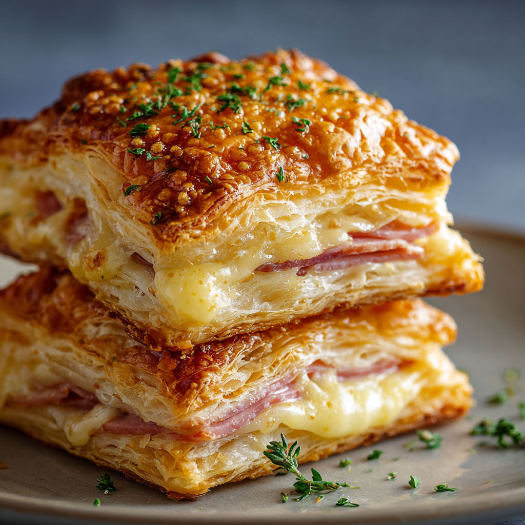 A stack of three sandwiches with cheese and bacon.