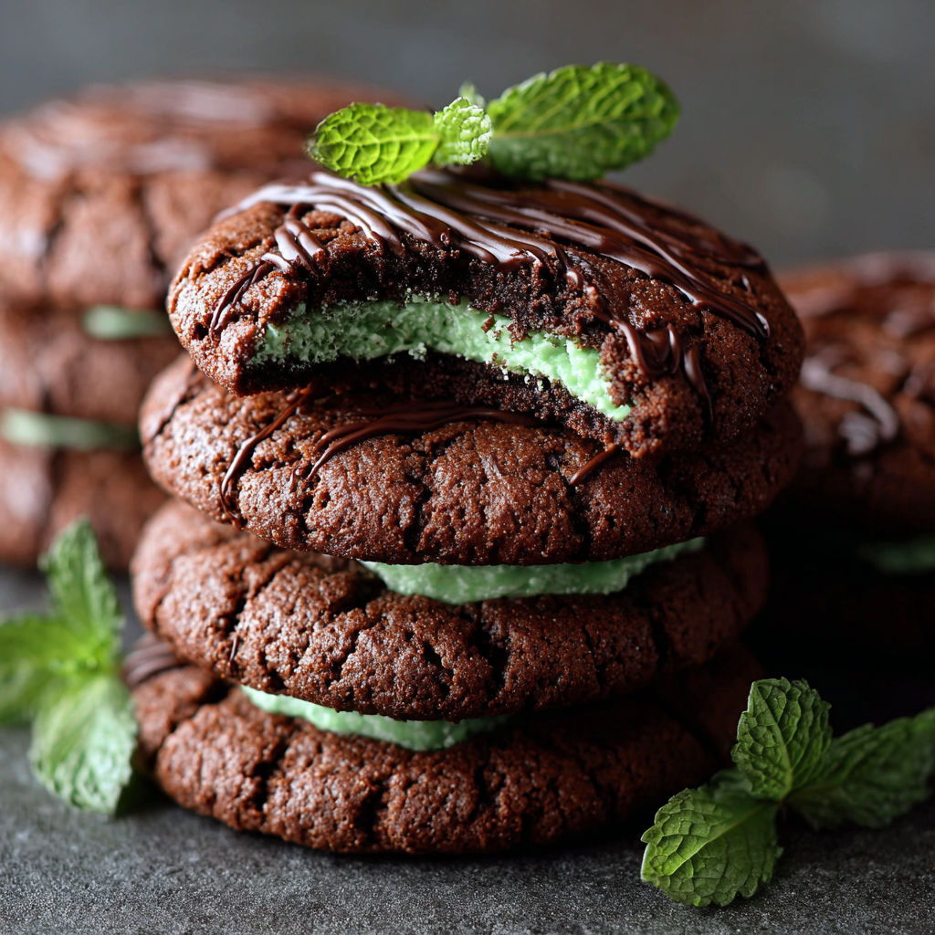 A chocolate chip cookie with mint leaves on top.