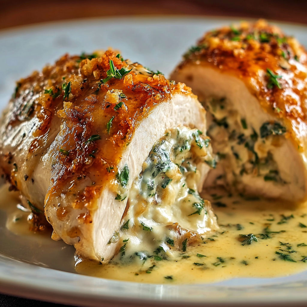 A delicious looking stuffed chicken dish.