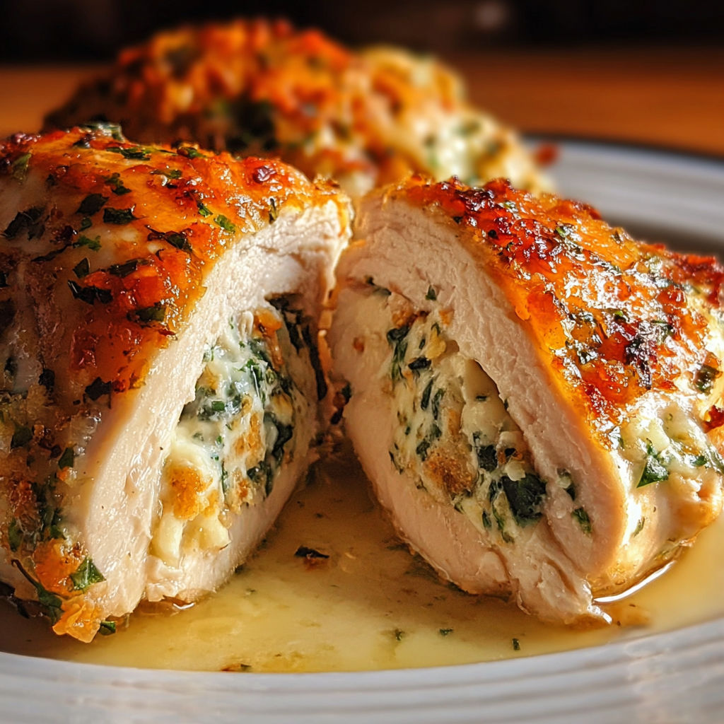 A plate of food with a chicken breast and a stuffing.