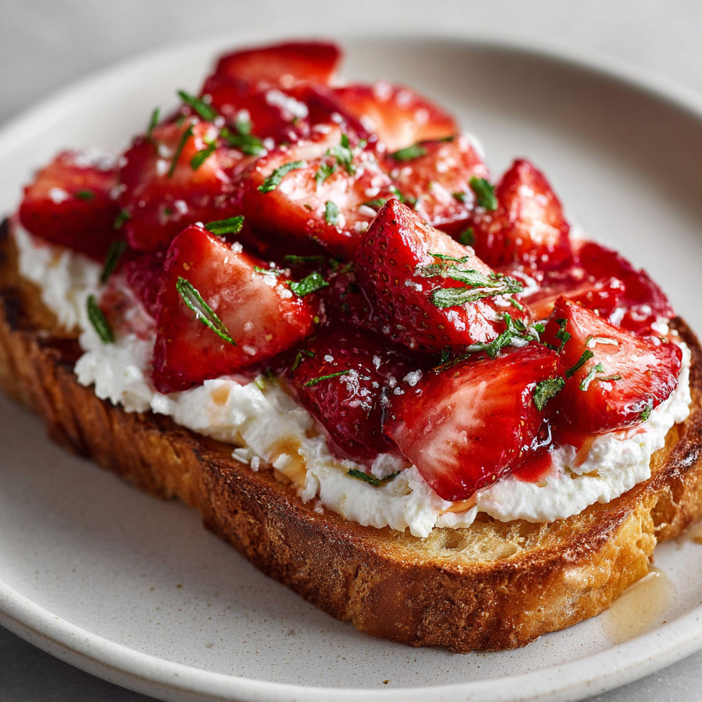 A slice of bread with strawberries and whipped cream.