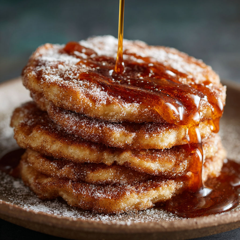 A stack of churro pancakes with syrup drizzled on top.