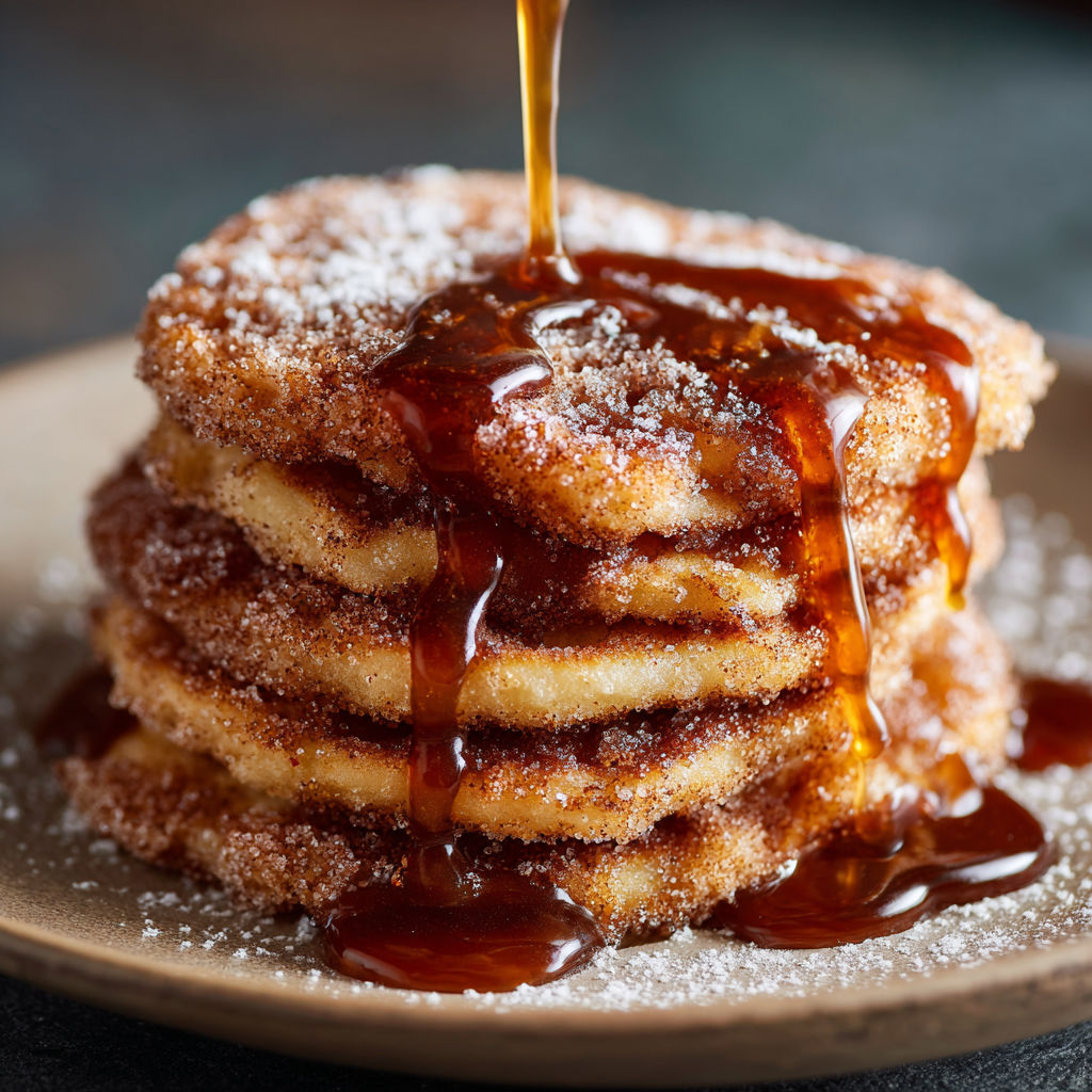 A stack of churro pancakes with syrup drizzled on top.