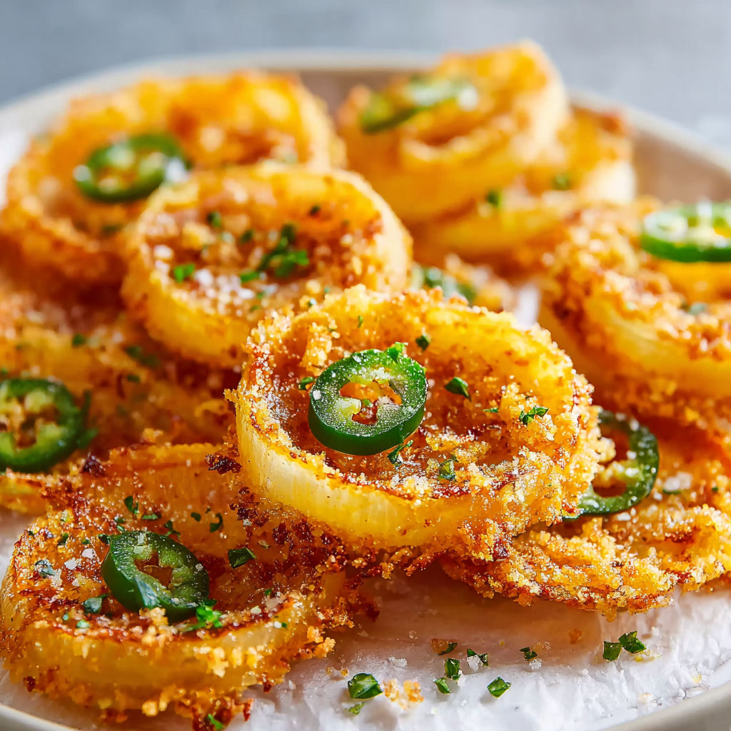 A plate of onion rings with jalapenos on top.