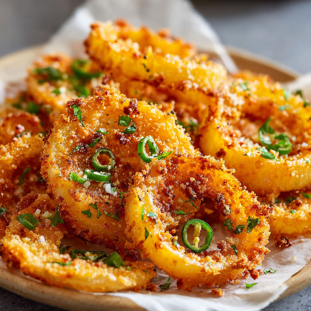 A plate of crispy cheesy onion ring chips.