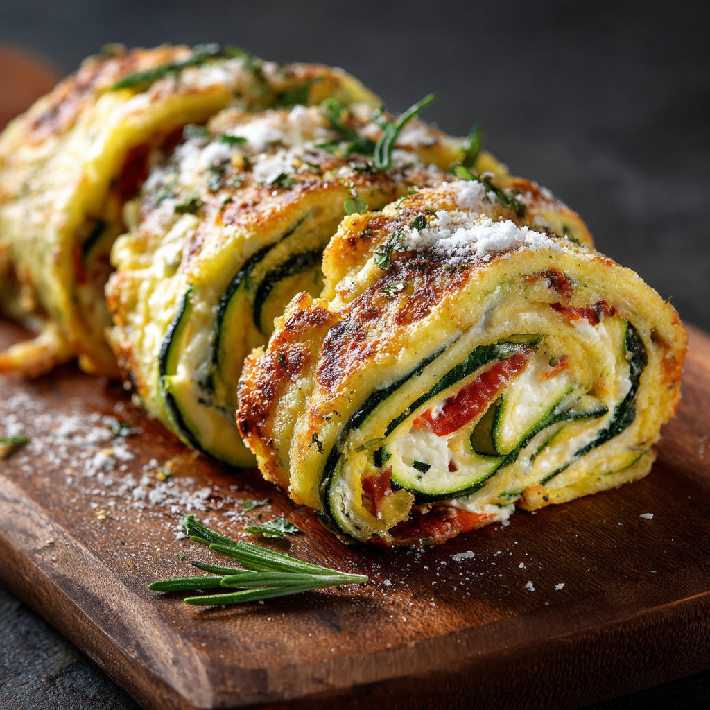 A zucchini roll with cheese and herbs on a wooden cutting board.