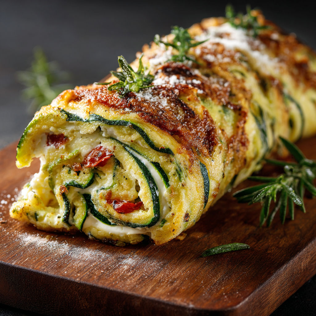 A zucchini roll with tomatoes and cheese.